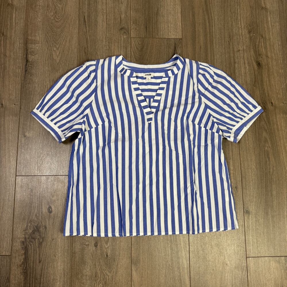 J.Crew Short Sleeve Poplin Top WMNS XL Blue White Stripe V-Neck Pullover Stretch